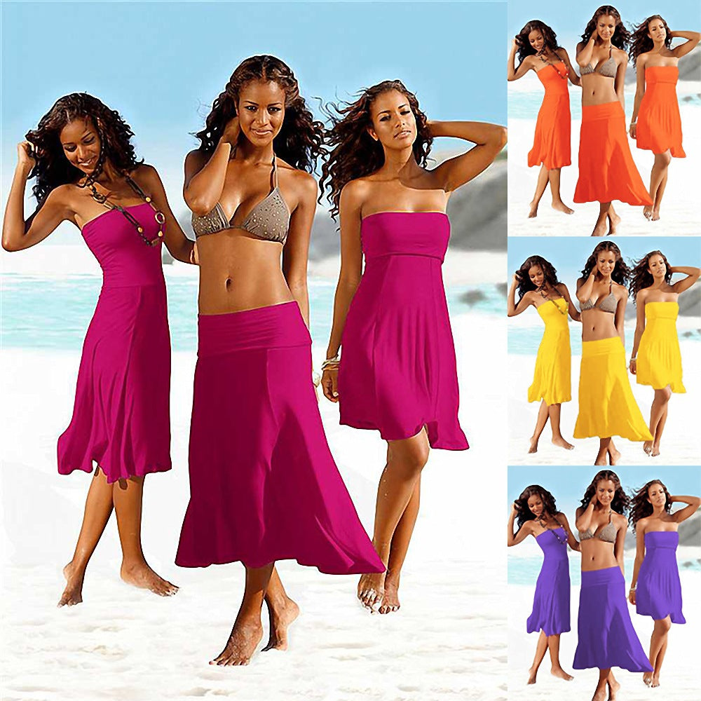 2025 Hot-selling Multi-wear Beach Dress Women's Tube Top Wrap Chest Mid-length Jumpsuit Swimwear