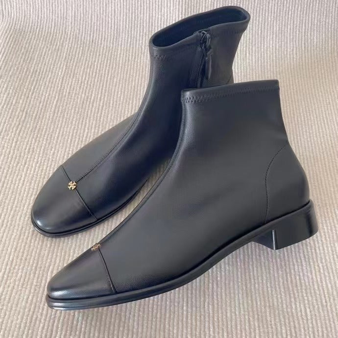 2025 Women's Black Boots Shoe Simple Style Sheepskin Leather Low-heel Round Toe Short Ankle Boots