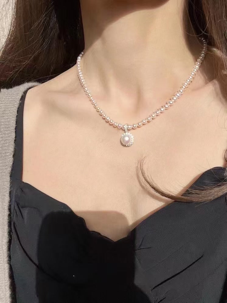 Natural Pearl Sunflower Zircon Diamond Silver Necklace Luxury Palace Style Pearl Pendant Necklace