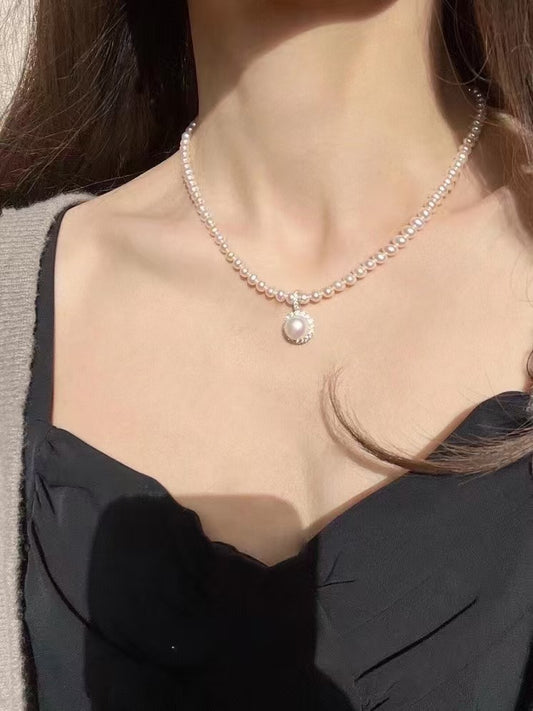 Natural Pearl Sunflower Zircon Diamond Silver Necklace Luxury Palace Style Pearl Pendant Necklace