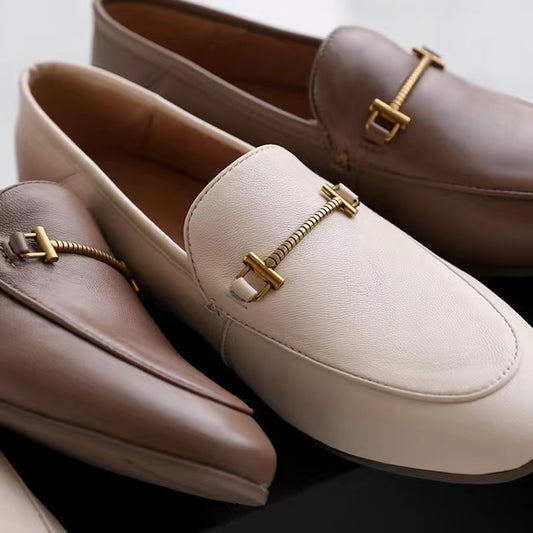 Coffe Color Super Soft Lambskin Metal Buckle Women's Bean Shoes Flat Mules Loafers Shoes