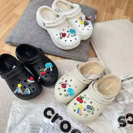 White Crocs Warm Cotton Hole Shoes Thick-soled Beach Shoes Box Toe Slippers Outdoor Height-increasing Slippers