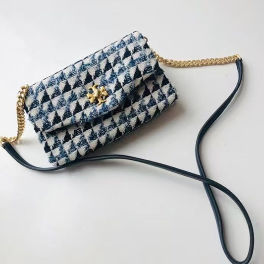 Blue Tweed Chanelstyle Logo Chain Tassel Single Shoulder Crossbody Contrast Color Stitching Lightweight Bag