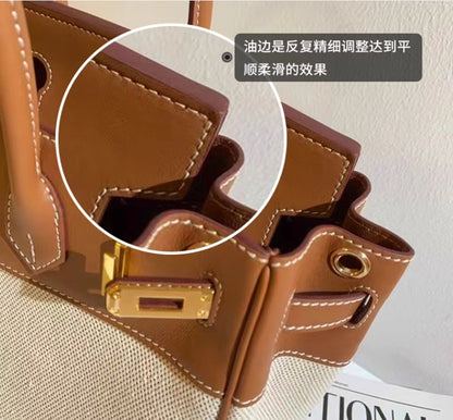 2025 New Canvas Platinum Stitching Golden Brown Messenger Bag Women's  Casual Large Capacity Genuine Leather Single Shoulder Kelly Handbag