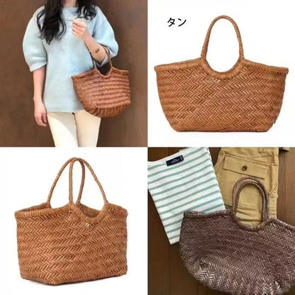 2025 Brown French Handmade Woven Handbag Women's New Genuine Leather Vegetable Basket Large Capacity Retro Shopping Bag