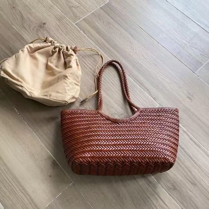 2025 Brown French Handmade Woven Handbag Women's New Genuine Leather Vegetable Basket Large Capacity Retro Shopping Bag