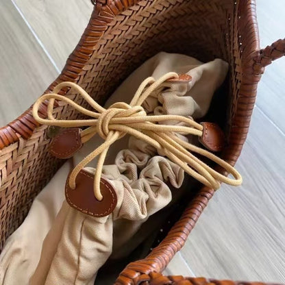 2025 Brown French Handmade Woven Handbag Women's New Genuine Leather Vegetable Basket Large Capacity Retro Shopping Bag