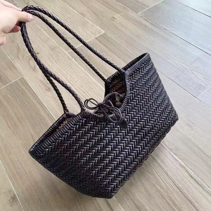 2025 Brown French Handmade Woven Handbag Women's New Genuine Leather Vegetable Basket Large Capacity Retro Shopping Bag