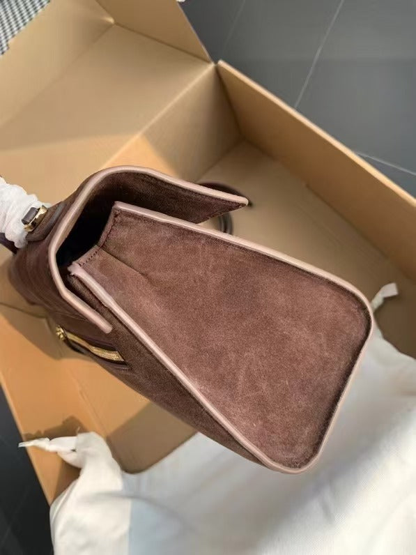 Brown Retro Suede Italian Niche High-end Flip Small Square Bag Women's Lock Genuine Leather Shoulder Crossbody Handbag