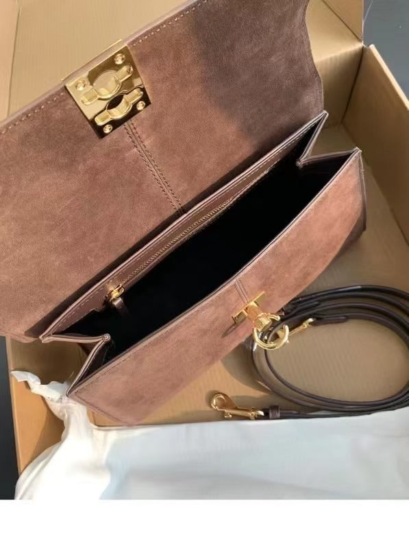 Brown Retro Suede Italian Niche High-end Flip Small Square Bag Women's Lock Genuine Leather Shoulder Crossbody Handbag