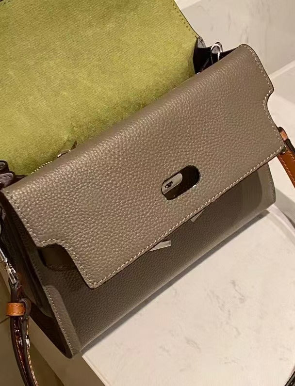 2025 New Brown Colorblock Kelly Bag Underarm Small Square Bag Women's European And American Style Lock Shoulder Crossbody Bag