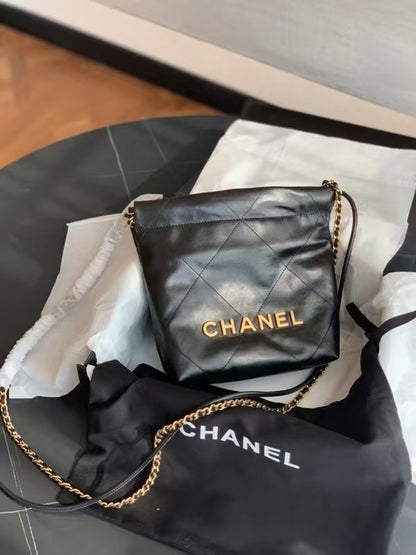 New Black Mini Diamond Checkered Drawstring Cowhide Chanel Style Chain Crossbody Shoulder Bag