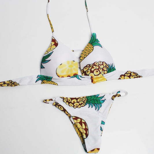 2025 European And American Multi-rope Hollow Pineapple And Leaf Print Bikini Two-piece Swimwear Suit