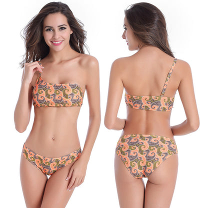 2025 New Printed Enlarged Swimsuit European And American Patterned One-shoulder Bikini Sexy Two-piece Swimwear