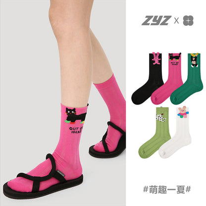 2025 Spring Summer Thin Mesh Breathable Three-dimensional Animal Pattern Cute Girl Middle Tube Cotton Socks