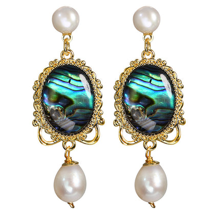 2025 New Retro 925 Silver Personality Colorful Shell Freshwater Pearl Earrings Women's Trendy Geometric Eardrop