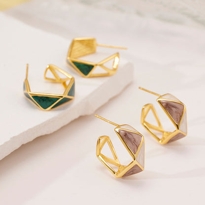 Green Cold Style Pure Silver High-grade Forest Style Fresh Earrings Women‘s Enamel Geometric Irregular Ring Earrings