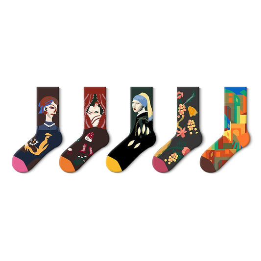 2024 Fall Winter Couple Oil Painting Pattern Retro Ins Style Middle Tube Antibacterial Socks