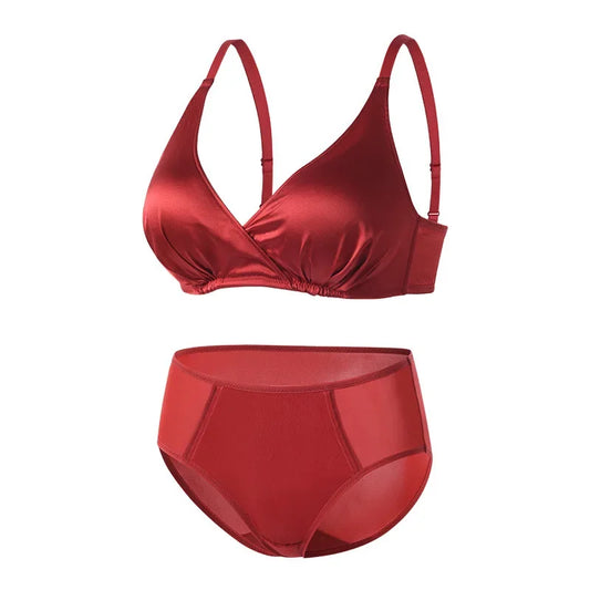 2025 Sexy Benmingnian Silk Red Underwear Set Women's Wire-free Thin Push-up Bra Underpants Two Piece Set