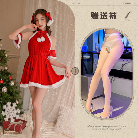 New Year Hottie Sexy Lingerie Christmas Playful Cute Plush Backless Red Dresses Uniform Set