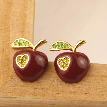 2025 Light Luxury Maillard Apple Hand-painted Enamel Silver Needle Zircon Inlaid Earrings Jewelry