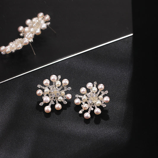 Elegant 925 Silver Needle Pearl Snowflake Trendy Ins Big Fashion Earrings