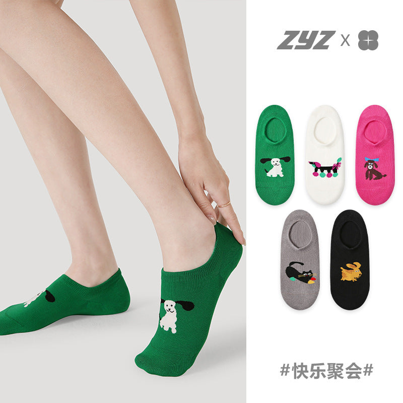 2025 Spring Summer Women's Fashion Solid Color Cotton Thin Japanese Cute Animal Pattern Non-slip Invisible Boat Socks