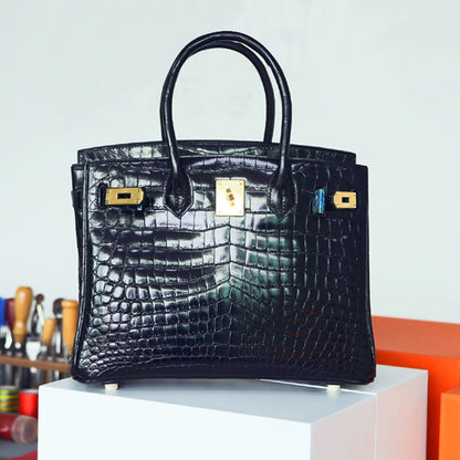 White New Crocodile Texture Platinum Leather Bag Women‘s 3d Embossing Process Fashion Commuting Versatile Handbag Kelly Large Bag