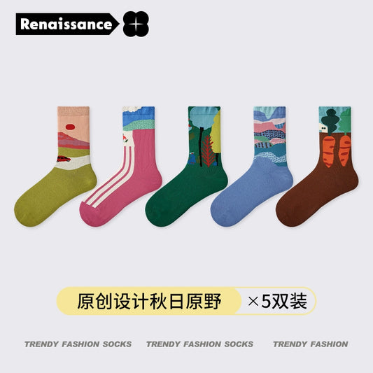 Original Design New Long Art Oil Painting Pattern Ins Trendy Style Middle Tube Cotton Socks