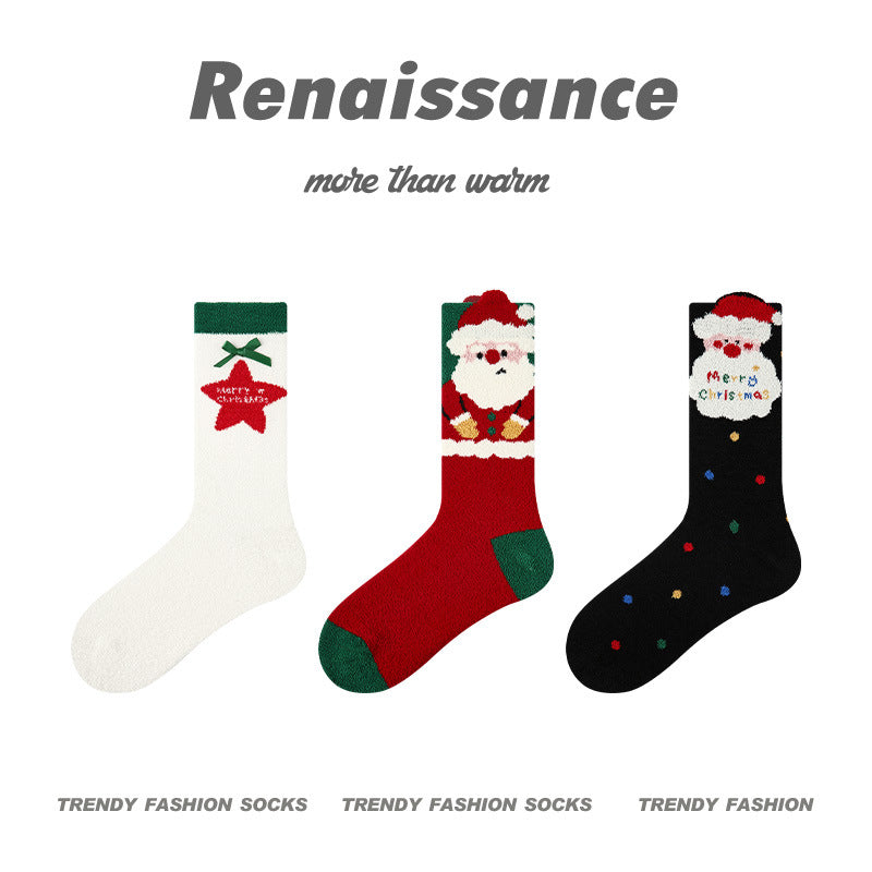 2025 Fall Winter Holiday Series Cartoon Socks Women's Christmas Red and Green Cotton Middle-tube Socks