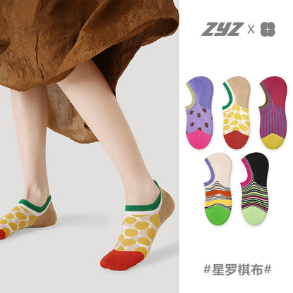 2025 Spring Summer Japanese Contrast Color Polka Dot Boat Socks Women's Non-slip Heel Shallow Invisible Short Socks