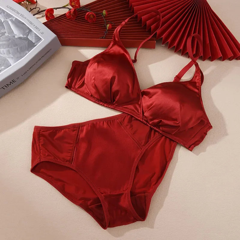 2025 Sexy Benmingnian Silk Red Underwear Set Women's Wire-free Thin Push-up Bra Underpants Two Piece Set