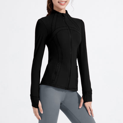 2025 New Black Yoga Clothes Women's Nude Stand Collar Sports Jacket Running Fitness Long Sleeve Zipper Yoga Jacket