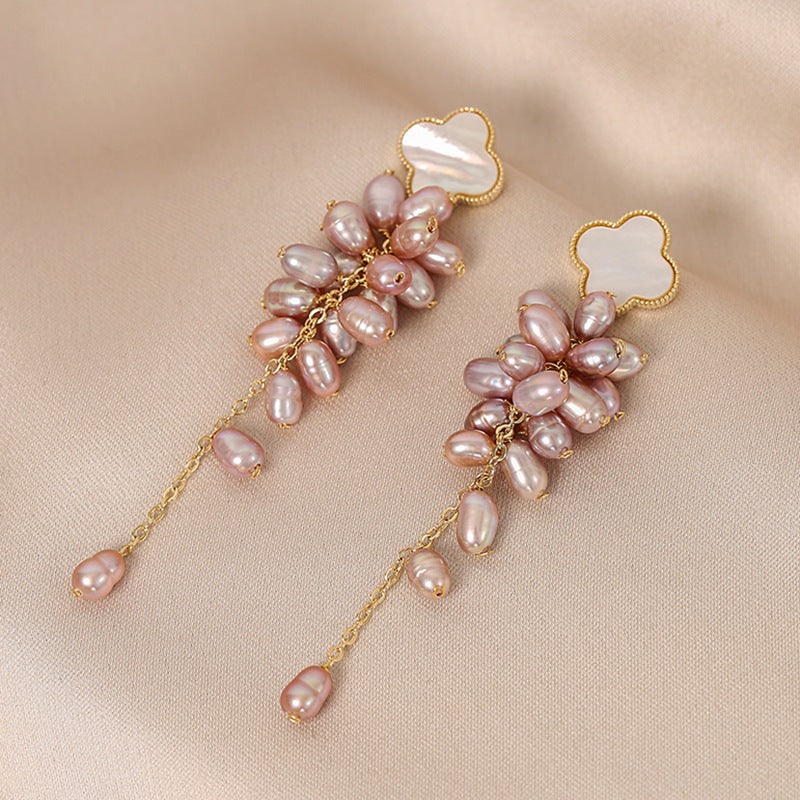 Four-leaf Flower 925 Silver Needle Freshwater Pearl Grass Long Earrings Women‘s Slimming Floral Personality Fashion Eardrop