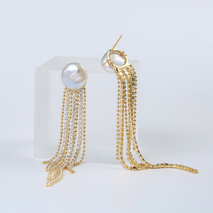 2025 New Baroque Shaped Pearl Tassel Long Earrings Women's Korean Version Personalized Teardrop-shaped Earrings