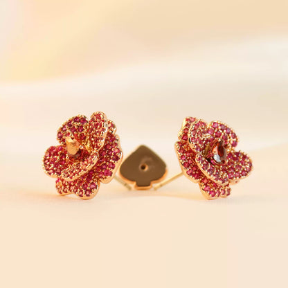 2025 Fashion Light Luxury Sweet Copper-plated Full Diamond Inlaid Super Flash Camellia Red Zircon Earrings Jewelry