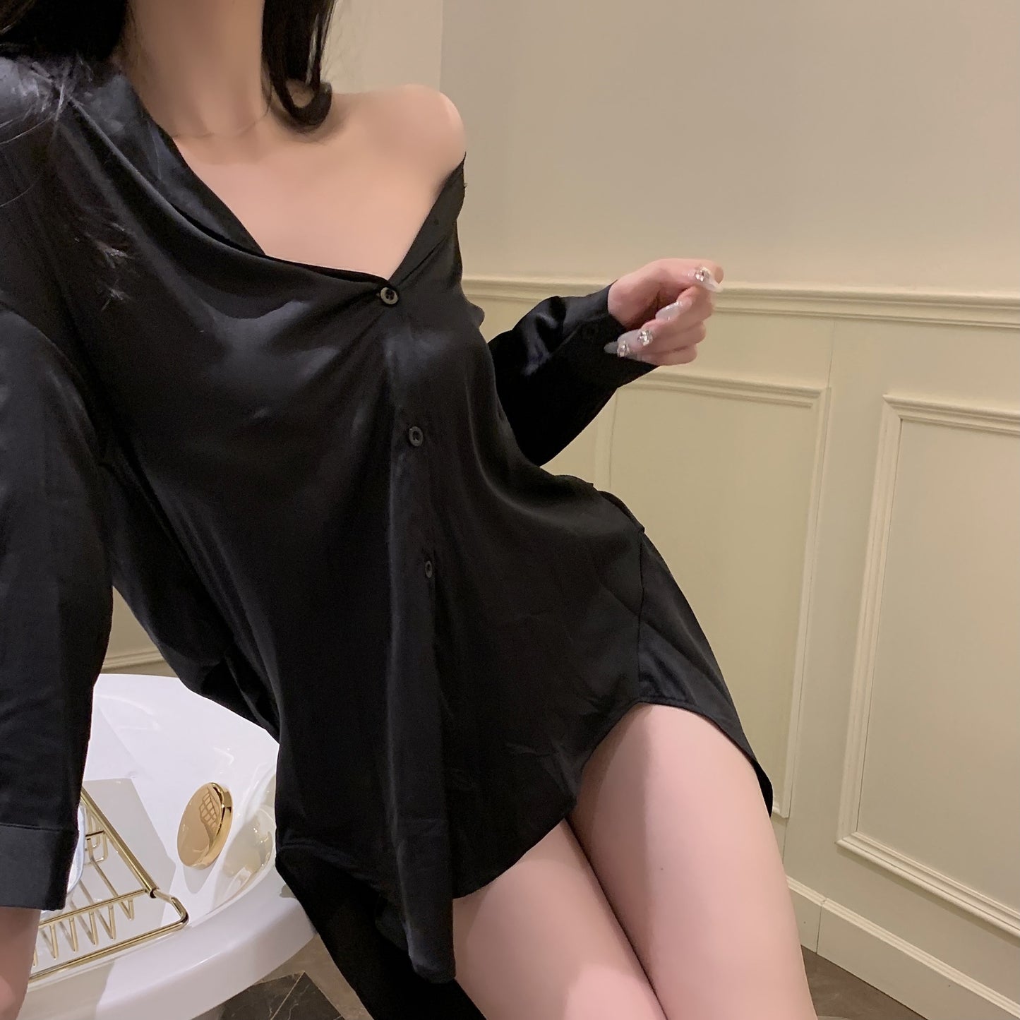 Black Plus Size Boyfriend Style Shirt Sexy Pajamas Women‘s V-neck Ice Silk Pure Style Nightdress Suit