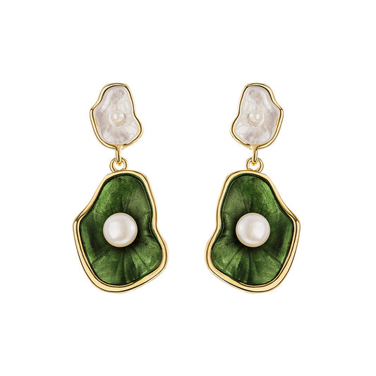 2025 Spring Summer Green Lotus Leaf Pearl Earrings Women's Korean New Irregular Trendy Earrings