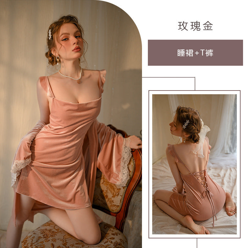 2025 Autumn Winter Pure French Style Sexy Nightdress Women's Rose Gold Color Velvet Sexy Lingerie Suspender Nightdress Two-piece Set