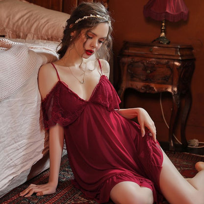 Plus Size Burgundy Sexy Extremely Tempting Hot Style Nightdress Women's Transparent Mesh Ice Silk Sexy Lingerie