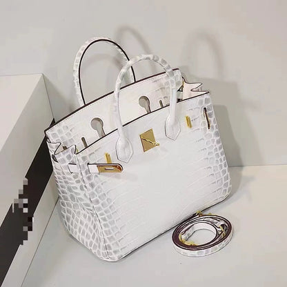 White New Crocodile Texture Platinum Leather Bag Women‘s 3d Embossing Process Fashion Commuting Versatile Handbag Kelly Large Bag