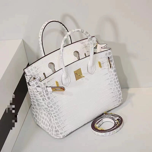 White New Crocodile Texture Platinum Leather Bag Women‘s 3d Embossing Process Fashion Commuting Versatile Handbag Kelly Large Bag