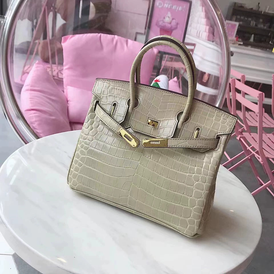 White New Crocodile Texture Platinum Leather Bag Women‘s 3d Embossing Process Fashion Commuting Versatile Handbag Kelly Large Bag