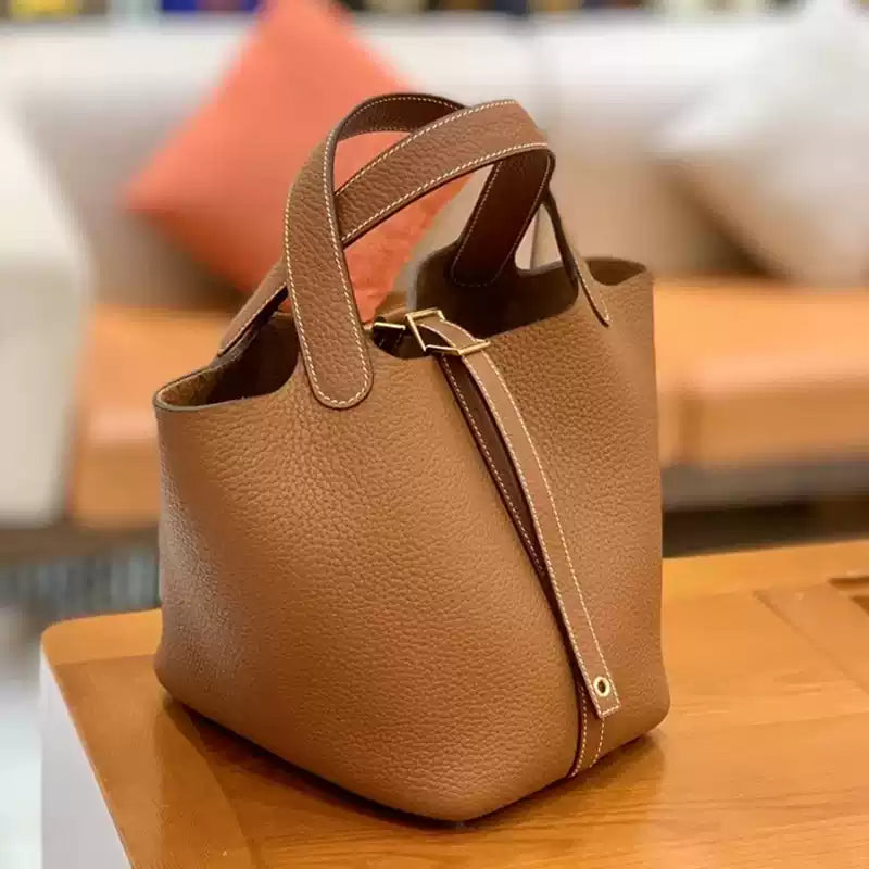 2025 Handmade Waxed Line Basket Leather Handbag Women's Golden Brown Togo Cowhide Lychee Pattern Large Capacity Bucket Bag