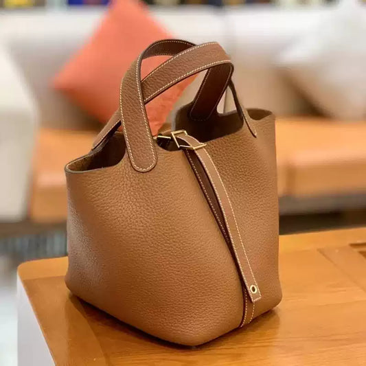 2025 Handmade Waxed Line Basket Leather Handbag Women's Golden Brown Togo Cowhide Lychee Pattern Large Capacity Bucket Bag