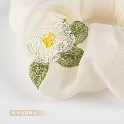 White Camellia Embroidered Hair Tie with Gentle Sweet Niche Original Design Style