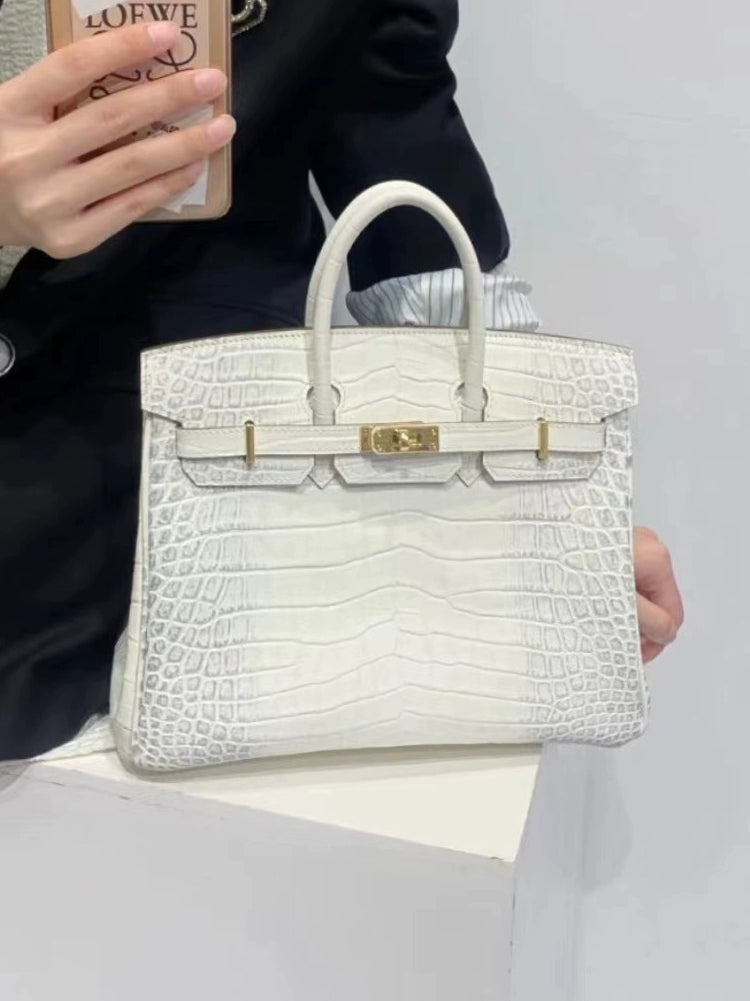 White New Crocodile Texture Platinum Leather Bag Women‘s 3d Embossing Process Fashion Commuting Versatile Handbag Kelly Large Bag