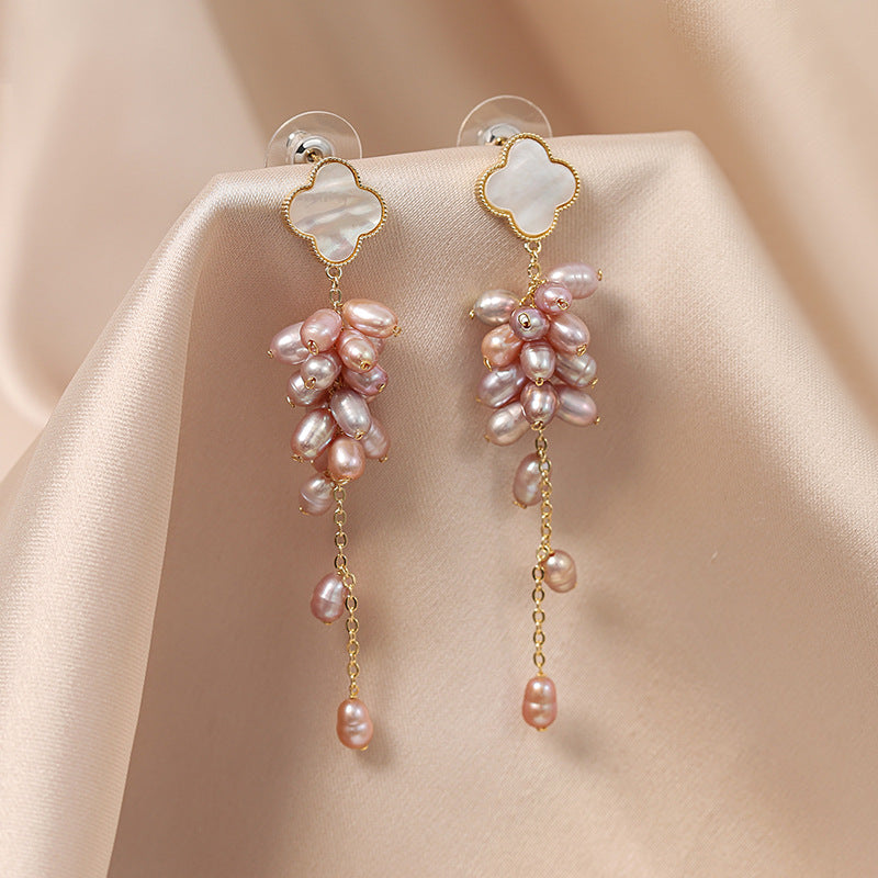 Four-leaf Flower 925 Silver Needle Freshwater Pearl Grass Long Earrings Women‘s Slimming Floral Personality Fashion Eardrop