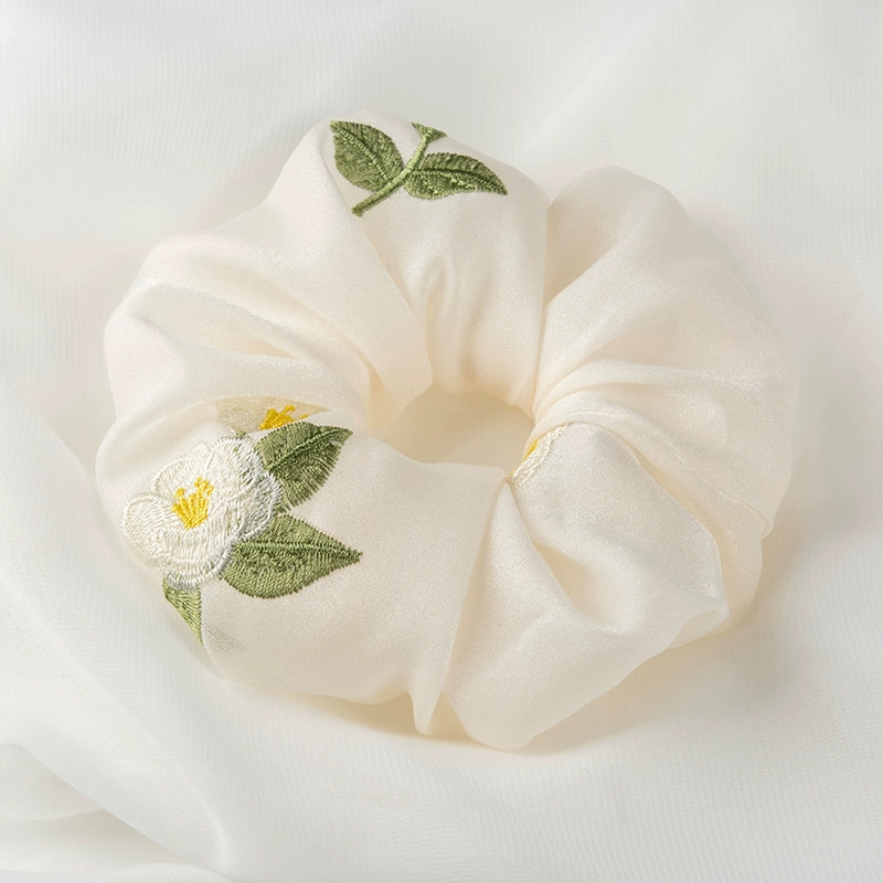 White Camellia Embroidered Hair Tie with Gentle Sweet Niche Original Design Style