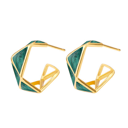 Green Cold Style Pure Silver High-grade Forest Style Fresh Earrings Women‘s Enamel Geometric Irregular Ring Earrings